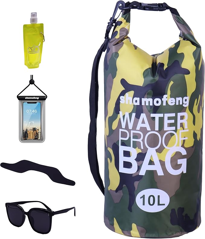 Waterproof Dry Bag Combo 5-30L Roll Top Dry Storage Bag Backpack for Kayaking Boating Beach Camping Travel Fishing, w/Phone Case & Collapsible Water Bottle & Sunglasses & Ear Band,Yellow 20L