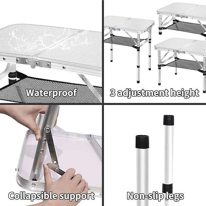 Small Folding Camping Table, 3 Heights Adjustable Portable Camp Table, 2Ft 24''L x 16''W Aluminum Foldable Picnic Table with Mesh Layer, White Folding Table for Outdoor Indoor Beach BBQ