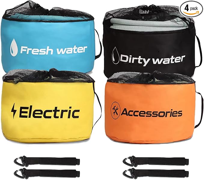 RV Hose Storage of 4 Pack, RV Accessories Storage Bag with 4 Storage Straps for Sewer Hoses/Fresh Water Hoses/Electrical Cords/Camper Tools Accessories