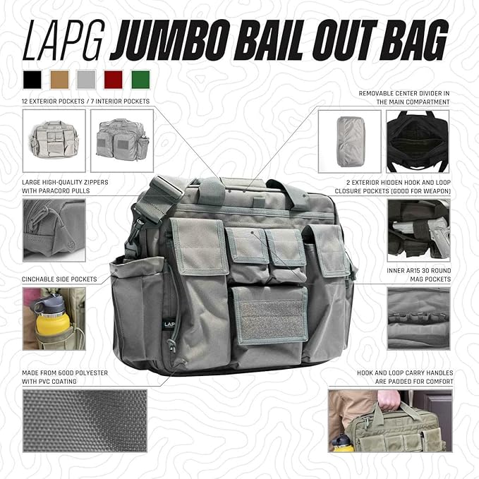 LAPG Camping Gear Jumbo Bail Out Bag, Survival Gear Range Bag, Multiple Pockets, Multi-functional Hiking Gear Bug Out Bag, Grey