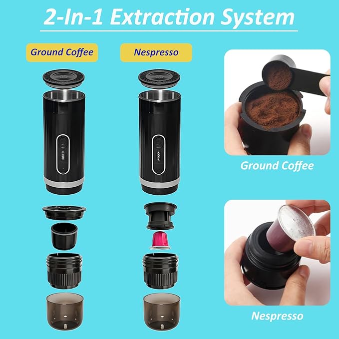 Portable Espresso Machine & Coffee Maker for Camping, Travel, Office - Self-Heating, USB-C Charger, Compatible NS Capsule & Ground Coffee (Coffee Brown)