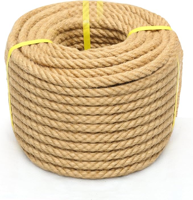 Jute Rope 2/5 Inch 100 Feet Hemp Rope for Deer, Heavy Duty, Twisted, Natural, Tug of War, for Crafts, Home Decorating Gardening Bundling