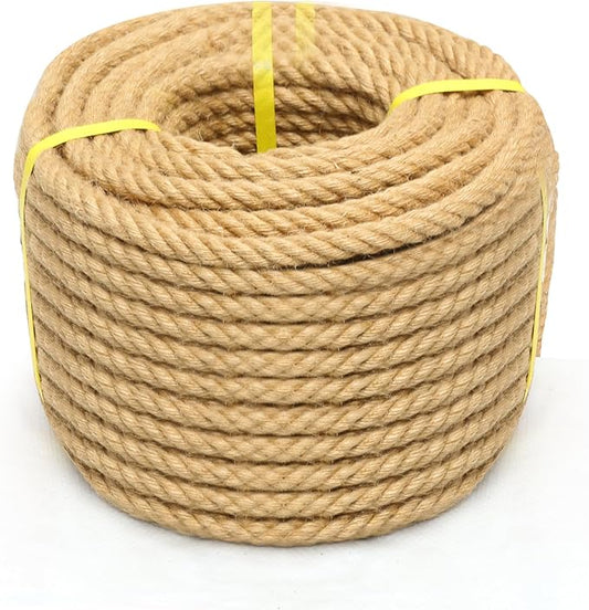 Jute Rope 2/5 Inch 100 Feet Hemp Rope for Deer, Heavy Duty, Twisted, Natural, Tug of War, for Crafts, Home Decorating Gardening Bundling