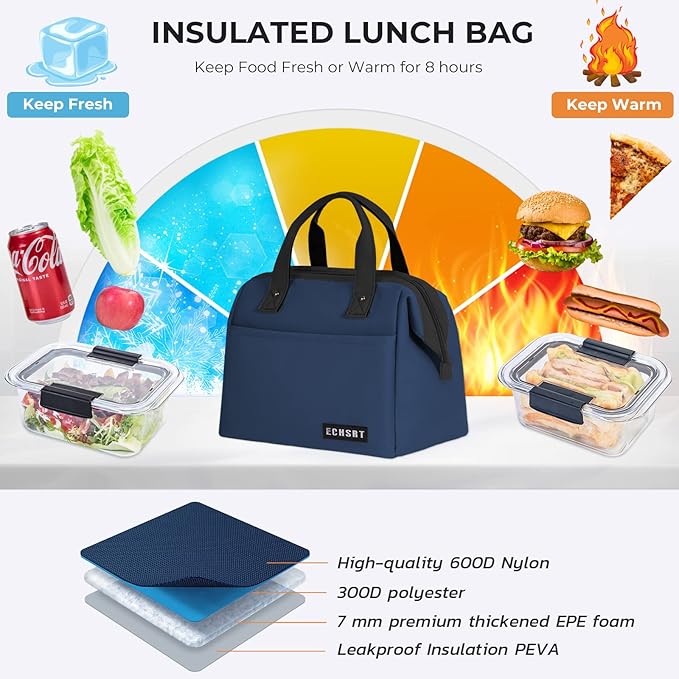 ECHSRT Large Insulated Lunch Bag for Women Men Leakproof Cooler Lunch Tote Bags for Work Travel Adult Thermal Lunchbox for Office -10L Blue
