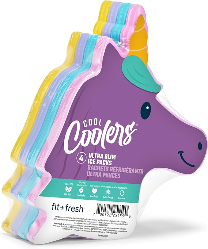Cool Coolers Kids Lunch Box Ice Packs, Slim Ice Packs for Lunch Bags, Lunch Ice Packs Reusable-Multicolored 4 Pack (Unicorn)