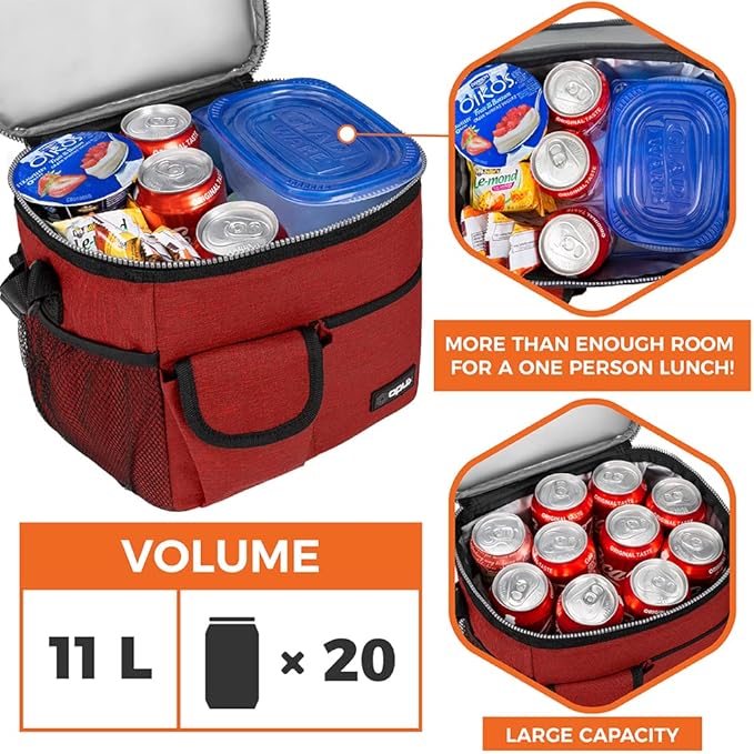 opux Insulated Lunch Bag for Men Women, Leakproof Heather Red Lunch Box for Work, Portable Soft Lunch Cooler Bag with Shoulder Strap, Adult Lunchbox Lunch Pail for Kid Boy Girl School, 18 Can/10L