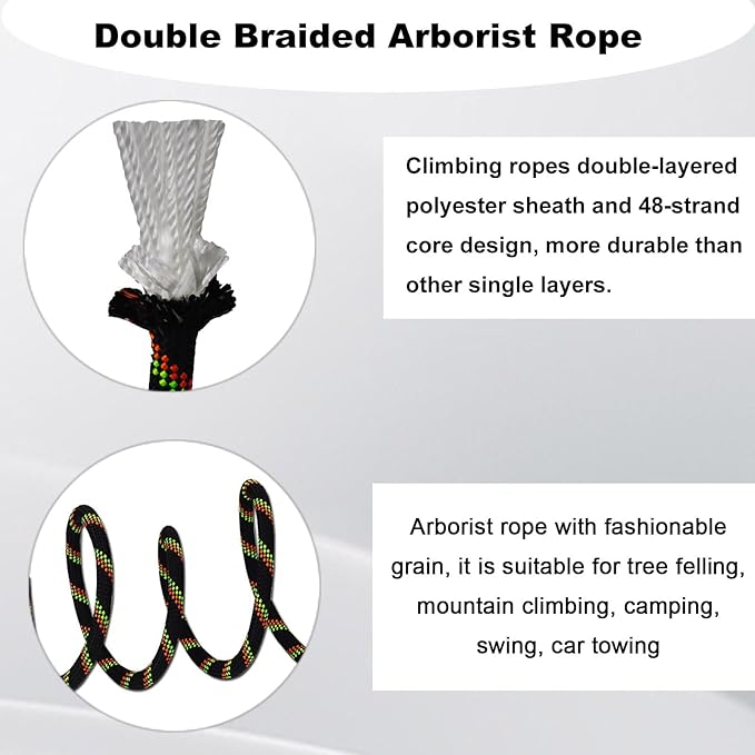 Double Braided Arborist Rope - 1/2 Inch x 100 Feet Polyester High Strength Climbing Rope for Tree Work, Swing, Halyard, Sailing(Black/Green/Orange)