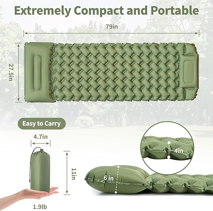 Sleeping Pad for Camping - 4” Thick Inflatable Camping Mattress with Built-in Pump & Pillow, Ultralight Self Inflating Air Mattress, Backpacking Sleeping Mat for Hiking, Olive Green