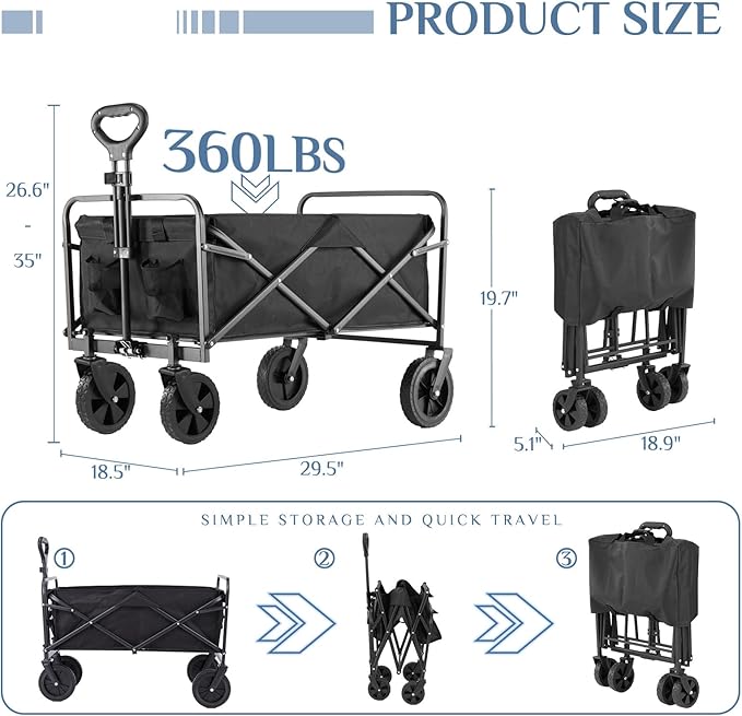 DUMOS Foldable Wagons Carts with All-Terrain Wheels, 120L & 360LBS Portable Garden Wagon Large Capacity Utility Cart with Drink Holders, Heavy Duty Collapsible for Sand, Beach, Gardening (30IN Black)