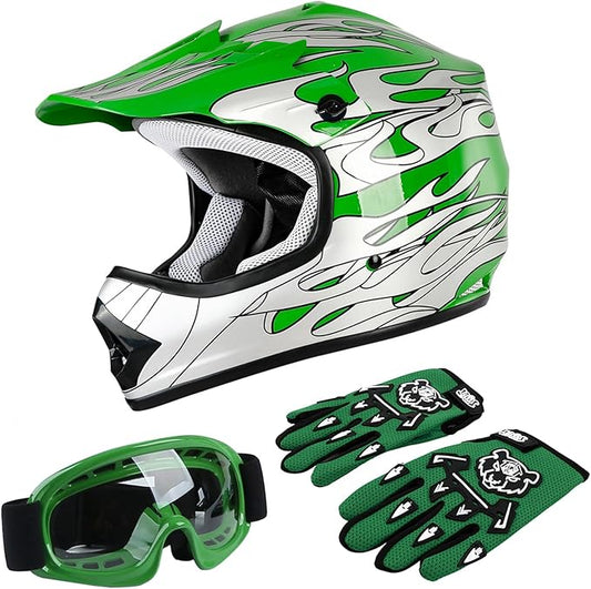 TCT-MOTORPARTS DOT Youth Motorcycle Four Wheeler Riding Racing Helmet Kids Motocross ATV Helmets Offroad Street Dirt Bike Go-Kart BMX MX Full Face Helmet Green Flame X-Large Size