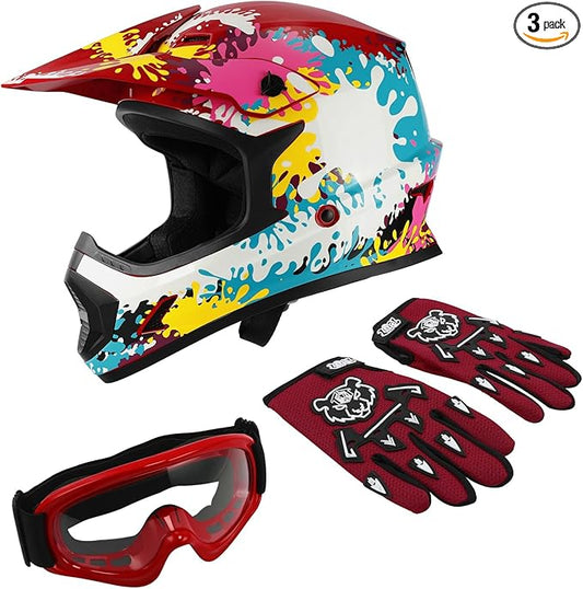 TCT-MOTORPARTS DOT Youth Kids Motocross ATV Full Face Helmets for Offroad Street Dirt Bike Go-Kart BMX MX Colorful Graffiti X-Large