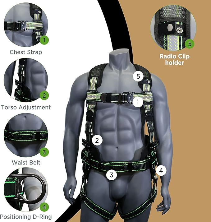 AFP Fall Protection Full-Body Premium Safety Harness, 8” Thick Support Belt, Aluminum D-Rings, Tongue Buckle (OSHA/ANSI PPE)