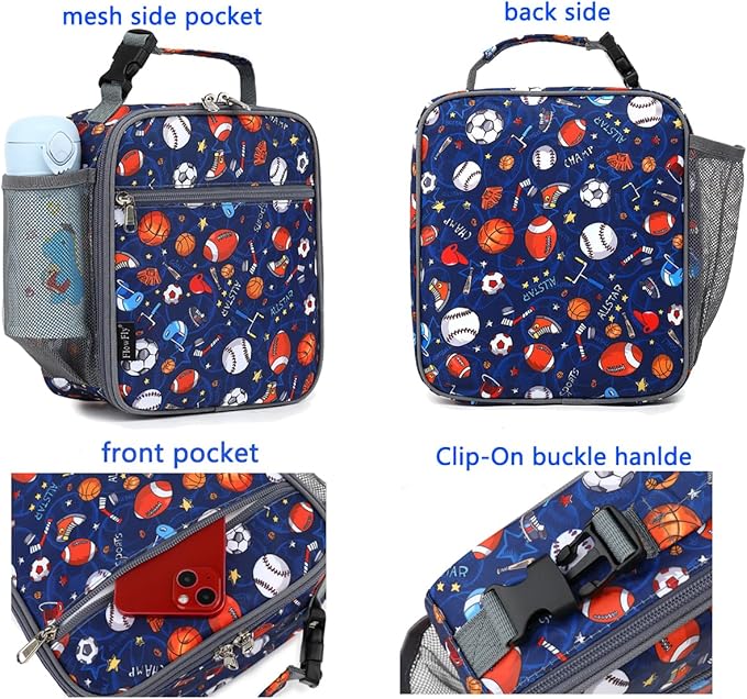 FlowFly Kids Lunch box Insulated Soft Bag Mini Cooler Back to School Thermal Meal Tote Kit for Girls, Boys, Football
