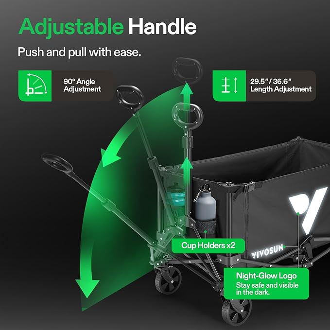 VIVOSUN Collapsible Wagon with Side Gates, 220lb Load-Bearing Outdoor Utility with All-Terrain Wheels, Adjustable Handle, Cup Holders for Camping, Shopping, Garden, Sports, Picnic, Black