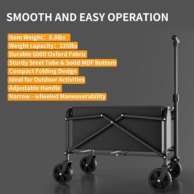 Collapsible Wagon Cart 220lbs Capacity, 4" Removable 360° Swivel Wheels & Adjustable, Waterproof 600D Oxford Fabric & MDF Base, All-Terrain Portable Utility Cart for Shopping, Garden