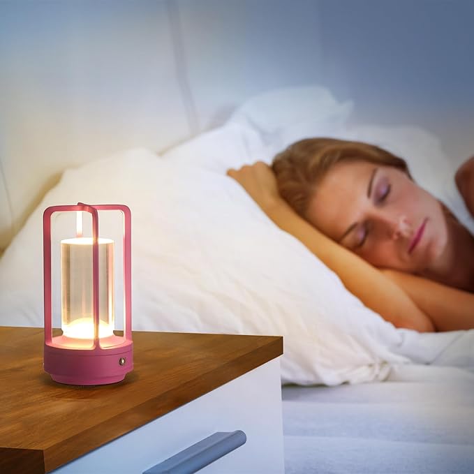 Portable Metal Table Lamp, Cordless Table Lamp, Rechargeable Battery Powered Portable LED Desk Lamp, 3 Color Stepless Dimming Touch, for Bedroom Restaurant Home Outdoor (Pink)