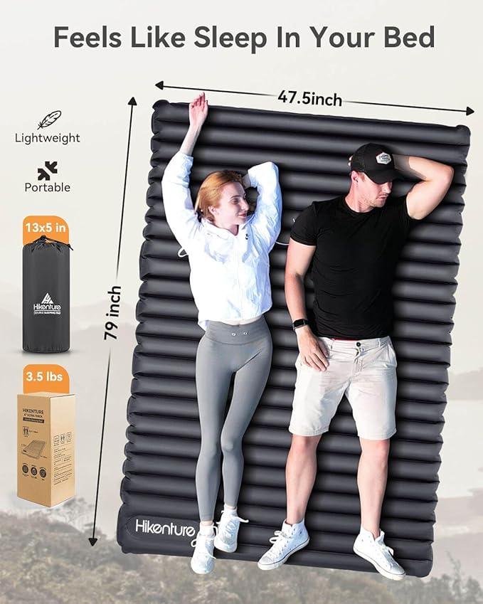 Hikenture Double Sleeping Pad for Camping, 4" Extra-Thick Camping Mattress 2 Person, Inflatable & Ultralight Sleeping Mat for Backpacking, Hiking (Grey Foot Pump, Semi Double(79 * 47.5 in))
