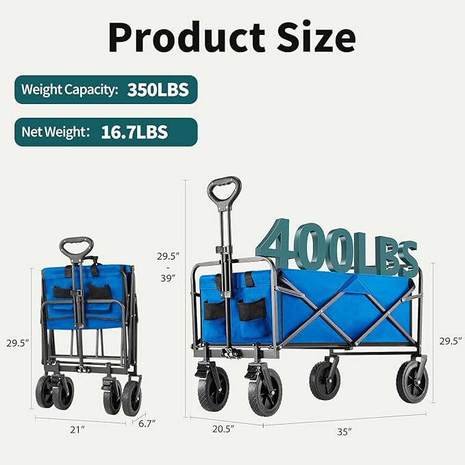 Collapsible Wagon Cart Foldable, 35" L Folding Beach Wagon with All-Terrain Wheels, Shopping Cart with 350lbs Capacity, Portable Camping Wagons Carts for Grocery Garden and Sports, Modern Blue