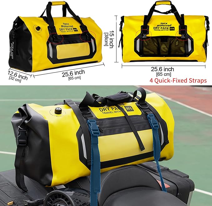 Waterproof Duffel Bag for Men/Women, Roll-top Dry Backpack Duffel Bag with Quick-fixed Straps, Motorcycle Tail Saddle Bag for Motorcycling, Rafting, Boating, Kayaking, Travel, 80L-Yellow