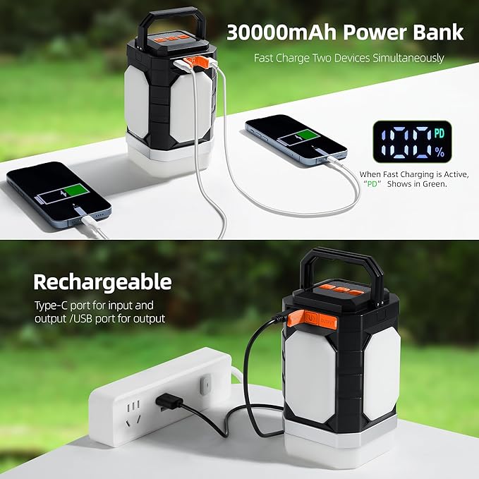 Sinvitron 30000mAh LED Camping Lantern with QC3.0 Fast Charging, 1000LM Emergency Lights for Power Outages, 350H Runtime, IPX5 Waterproof Rechargeable Lamp for Tent, Outdoor (Black/Orange)