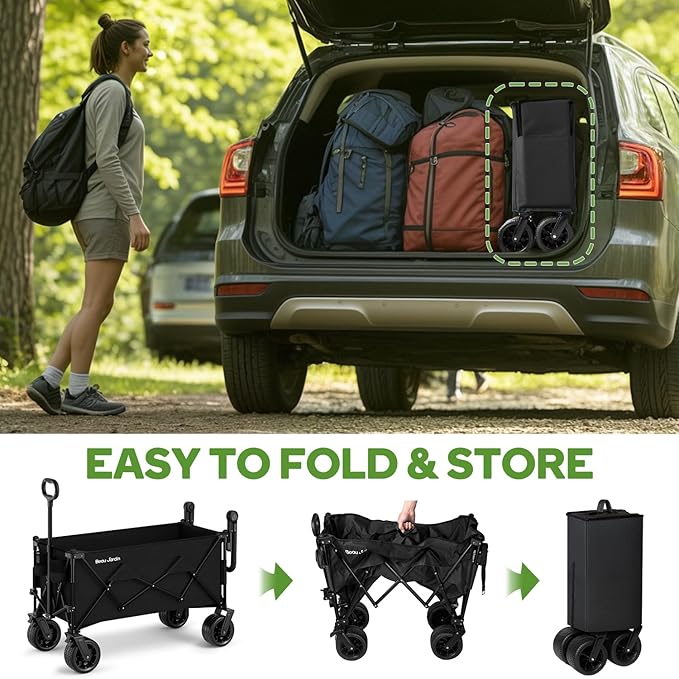 BEAU JARDIN Folding Push & Pull Beach Wagon 500 lbs Collapsible Foldable Wagons with Push Handle All Terrain Wheels Grocery Utility Camping Sports Garden Wagon Cart Black