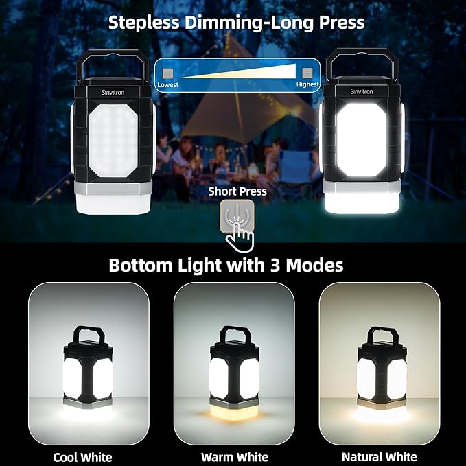 Sinvitron 30000mAh LED Camping Lantern with QC3.0 Fast Charging, 1000LM Emergency Lights for Power Outages, 350H Runtime, IPX5 Waterproof Rechargeable Lamp for Tent, Outdoor (Black/Grey)