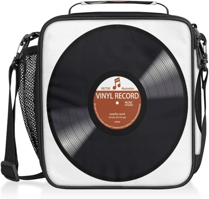 Pardick Music Record Black Kids Lunch Bag Retro Music Vinyl CD Insulated Lunch Box Mini Cooler Back to School Thermal Meal Tote Kit Bento Tote Bags Thermal Lunchbox for Boys Girls