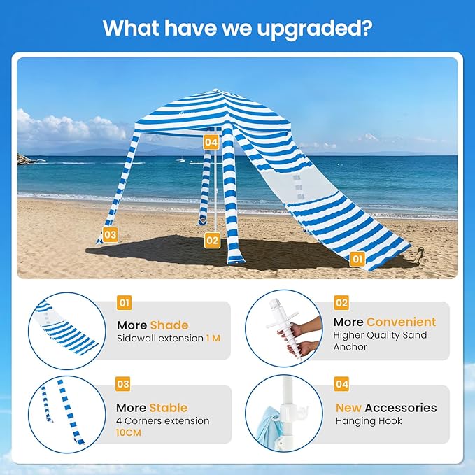 Grandekor 6'x6' UPF 50+ UV Protection Beach Cabana Canopy Portable Instant Setup with Sand Anchors Hanging Hooks Sidewalls Family Beach Outings Outdoor Shade Shelter Windproof Sand Pockets