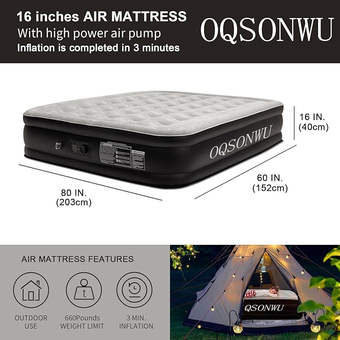 Air Mattress 16" Air Bed Queen with Built in Pump, Foldable Portable Queen Inflatable Mattress, 660 lbs Weight Capacity Blow Up Air-Mattress Suitable for Guests, Indoors and Camping