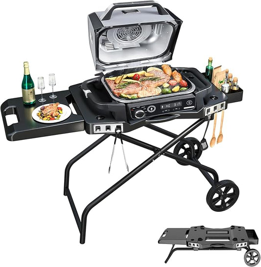 GRISUN Foldable Grill Cart for Ninja OG700–OG750 & Blackstone 22" | Portable BBQ Stand with Wheels, Side Table & Storage Basket
