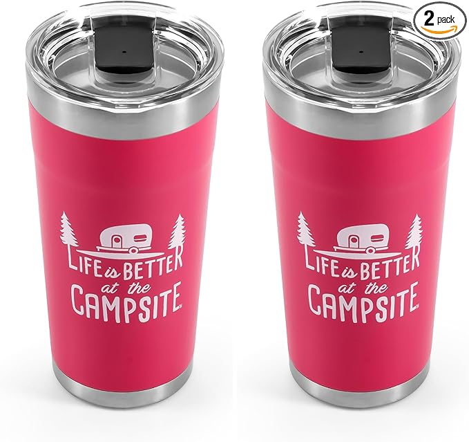 Camco Life is Better at The Campsite Tumbler | Heavy Duty Double Wall Vacuum Insulation | Crafted of 18/8 Stainless Steel | Unique “Life is Better at The Campsite” Design on Coral Pink | 20-oz (53061)