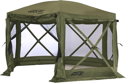 CLAM Pop Up Screen Tent, Outdoor Camping Gazebo Canopy, Pavilion, 12.5', Green - Heavy-Duty Portable Screened Shelter with Netting for Beach, Patio, and Backyard