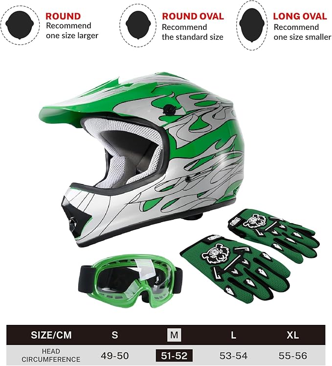 TCT-MOTORPARTS DOT Motorcycle Four Wheeler Riding Racing Helmet Youth Kids Motocross ATV Helmets Offroad Street Dirt Bike Go-Kart BMX MX Full Face Helmet Green Flame Medium Size