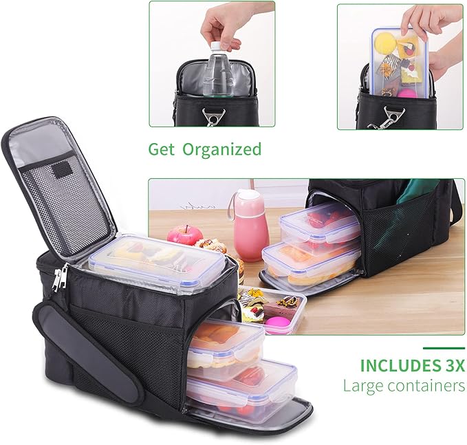 Top&Top Insulated Lunch Box Set and Cooler Bag for Men, Women (Tote Lunch Bag Includes 3 Reusable Meal Prep Containers + 2 Ice Pack + Detachable Shoulder Strap) Lunch Box for School, Office, Camping
