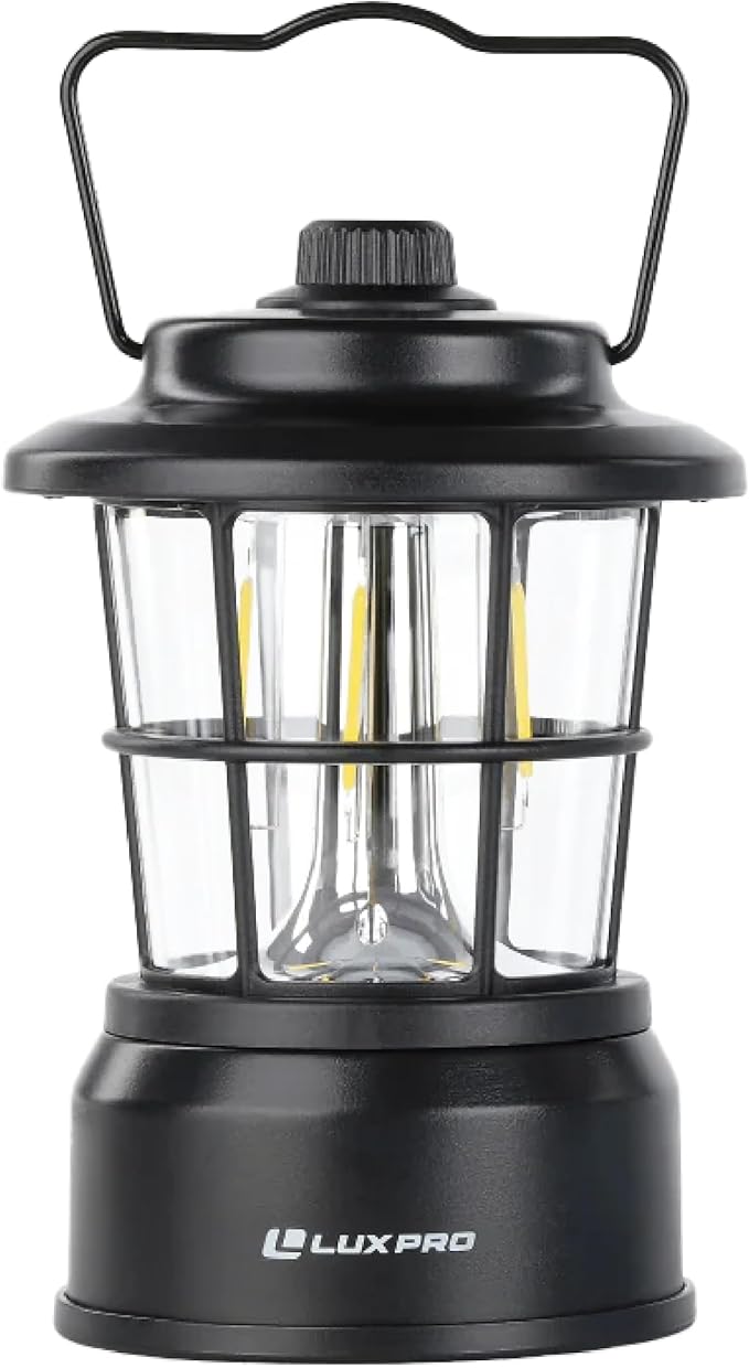 LUXPRO Retro LED Lantern - Battery-Powered Emergency Lantern - Water Resistant - Bright LED Lamp for Indoor & Outdoor Use - Use for Tents, Hiking or Hurricane Prep - Black