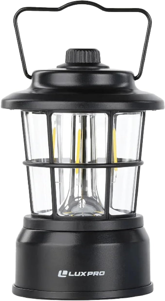 LUXPRO Retro LED Lantern - Battery-Powered Emergency Lantern - Water Resistant - Bright LED Lamp for Indoor & Outdoor Use - Use for Tents, Hiking or Hurricane Prep - Black