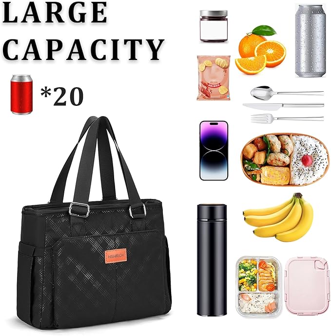 Large Women Lunch Bags for Work/Insulated Cooler Lunch Box with Side Pockets, 14L Capacity, Black