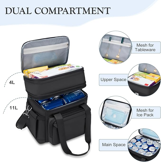 Insulated Lunch Box for Women - Reusable Modern Double Deck Lunch Bag Adults Expandable Heavy Duty Lunch Cooler Tote for Work Office Picnic,Black