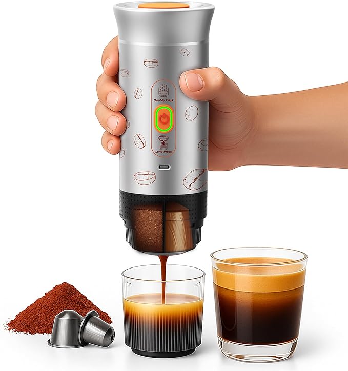 Portable Espresso Machine, 3-in-1 Travel Coffee Maker with Self-Heating, Battery Operated 20Bar Wireless Portable Espresso Maker Compatible with Ground Coffee & Capsule for Camping, Car, Office