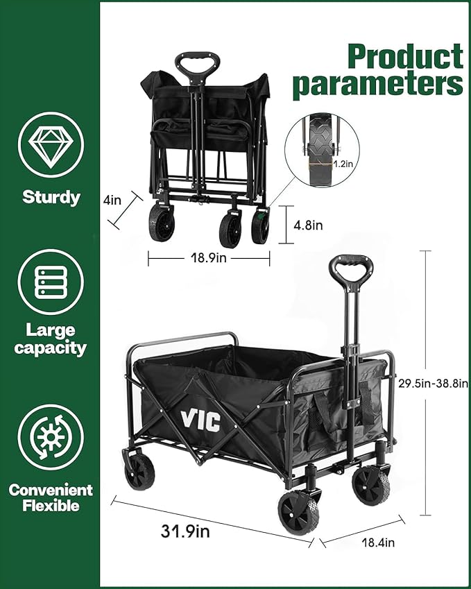 VIC Beige Collapsible Folding Wagon, Beach Wagon Cart Heavy Duty 170LBs Foldable, Utility Grocery Wagon with Side Pocket for Camping Garden Sports, L4