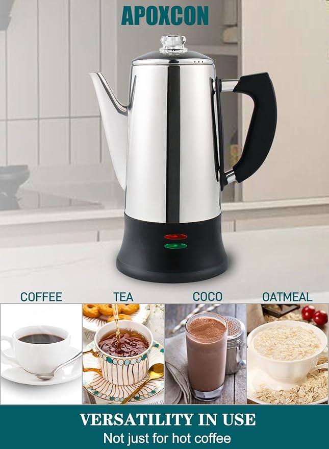 Electric Coffee Percolator Stainless Steel Coffee Maker with Two Heat Resistant Tough Glass Clear Brew Progress Knob Classic Look Keep Warm & Cordless Serving Coffee Pot 12 Cup