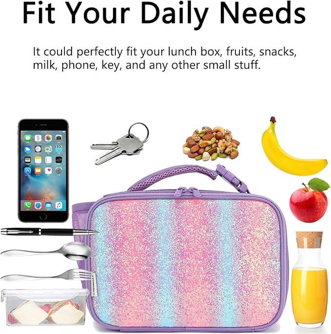 Insulated Lunch Box for School, Thermal Reusable Durable Freezable Lunch Bags for Kids Boys Girls Men Women - Small Soft Cooler Portable Lunch Tote Kit for Work Picnic Travel,Purple Glitter