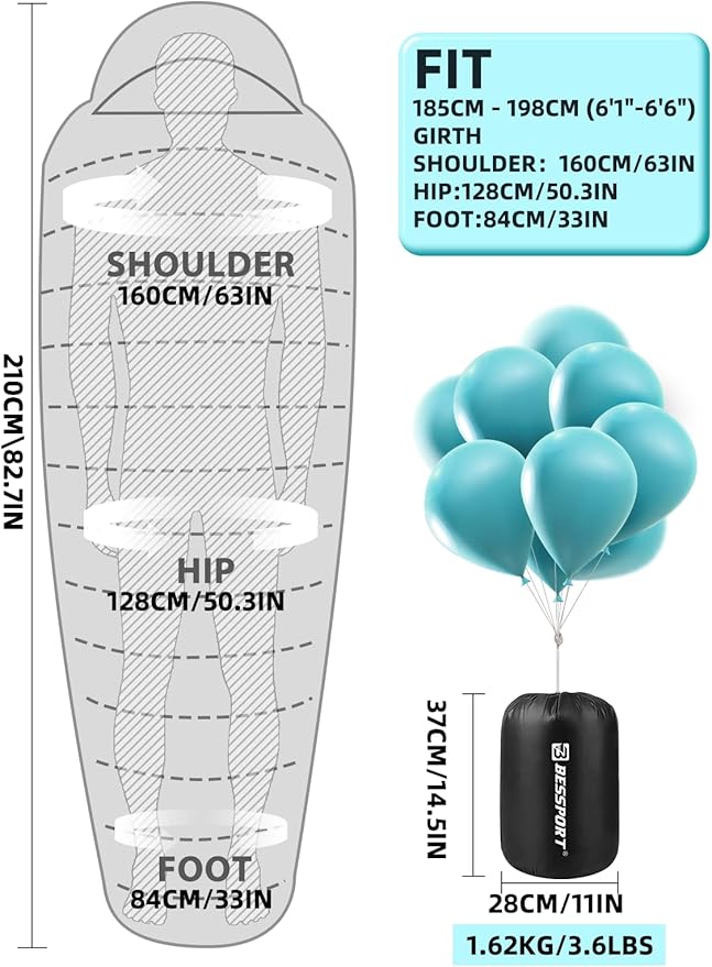 Bessport Mummy Sleeping Bag | 15-45 ℉ Extreme 3-4 Season Sleeping Bag for Adults Cold Weather– Warm and Washable, for Hiking Traveling & Outdoor Activities