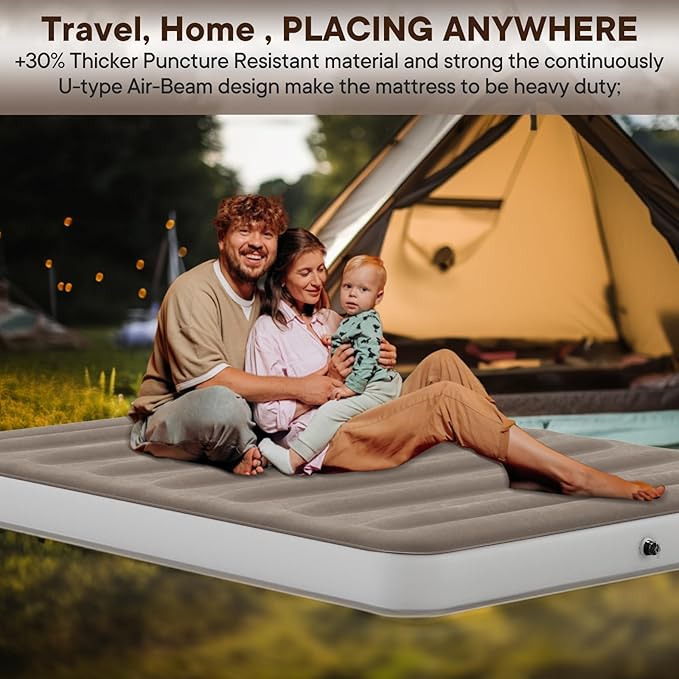 Camping Air Mattress Queen, Height 9" Durable Queen Airbed, Inflatable Blow Up Mattress Raised Airbed with Storage Bag, Portable Air Bed for Camping Travel and Home, 660 lb MAX (No Pump)