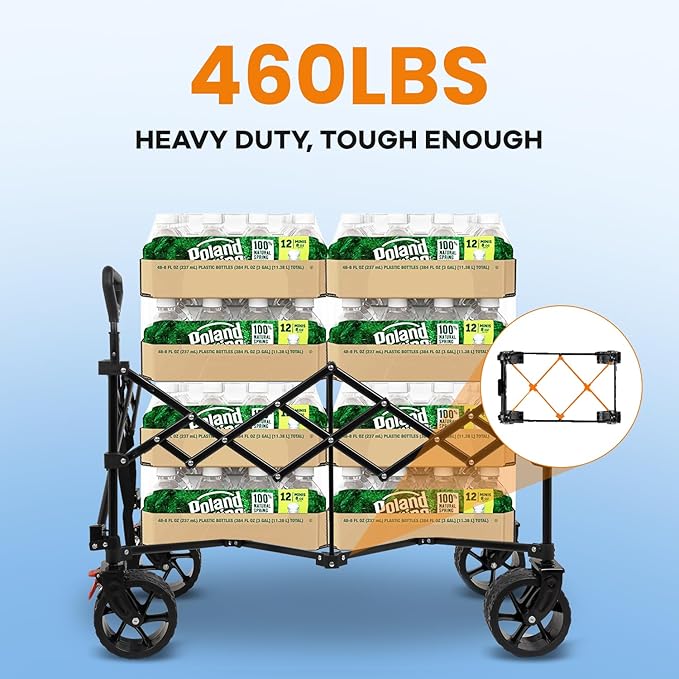 38" L Collapsible Wagon Cart Foldable, 460LB Weight Capacity 220L Heavy Duty Folding Beach Wagons with Big All-Terrain Wheels, Utility Carts for Groceries, Shopping, Camping, Sports