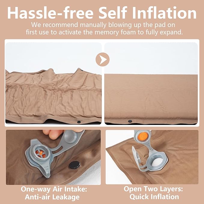 BISINNA Self Inflating Sleeping Pad Thick Foam Sleeping Mattress with Pillow for Camping Lightweight Insulated Sleeping Mat Fast Inflating for Camping Travel Car Tent
