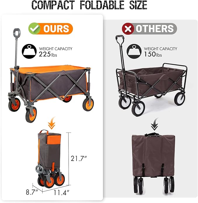 PORTAL Collapsible Folding Wagon, Push Pull Foldable Beach Wagon Cart with All-Terrain Wheels, Heavy Duty Utility Grocery Wagon for Outdoor Camping Garden Sport Shopping, Holds 225 lbs, Grey/Orange