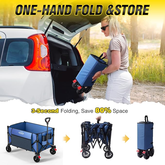 Elegear Wagon Cart Foldable Collapsible 150L 330LBS - Heavy Duty Large Capacity Utility Beach Wagon with 360° All-Terrain Wheels & Smallest Folding Design for Camping Garden Grocery Sports - Blue