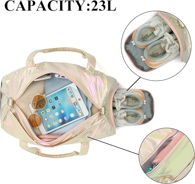 Gym Sports Duffle With Wet Pocket, Dance and Overnight Bag With Waterproof Shoe Pouch and Air Hole for Girls, Kids, Women - Travel Foldable