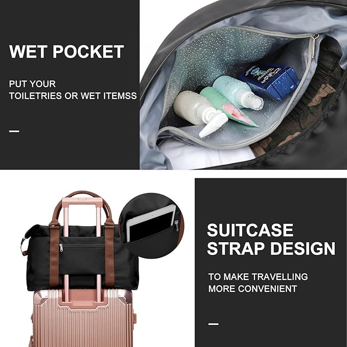 Womens travel bags, weekender carry on for women, sports Gym Bag, workout duffel bag, overnight shoulder Bag fit 15.6 inch Laptop (Large, Black)